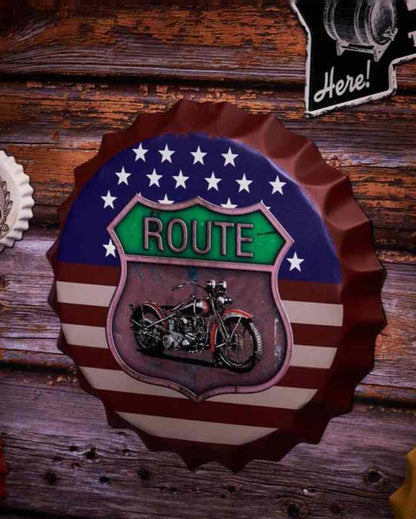 Route 66 US Flag Bottle Cap Wall Decor | 14 inches