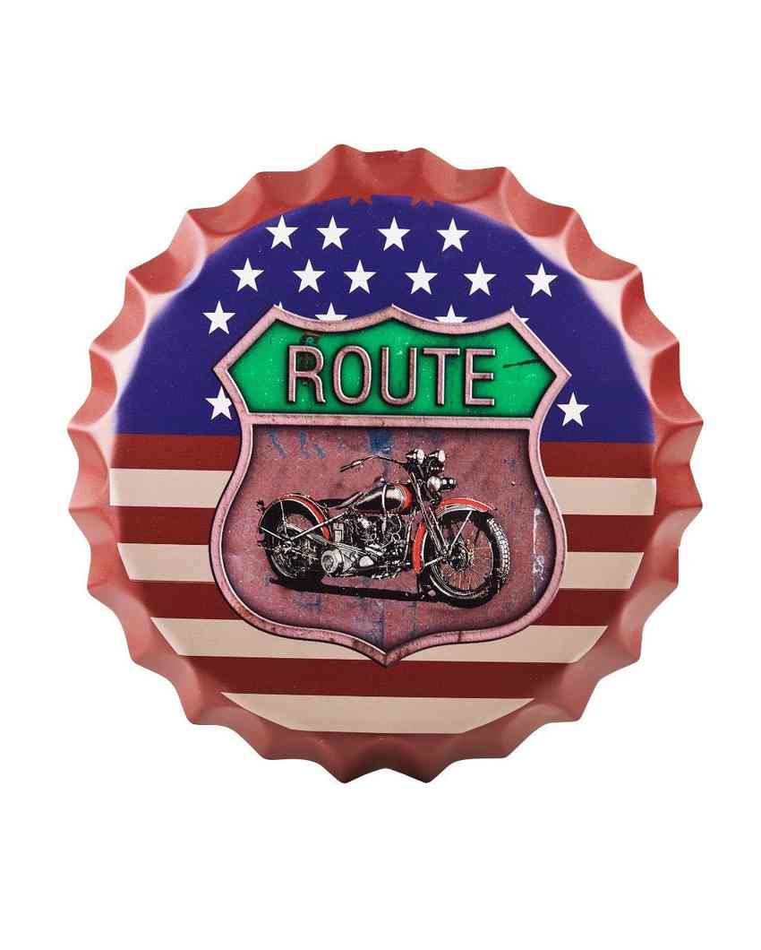 Route 66 US Flag Bottle Cap Wall Decor | 14 inches