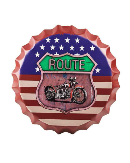 Route 66 US Flag Bottle Cap Wall Decor | 14 inches