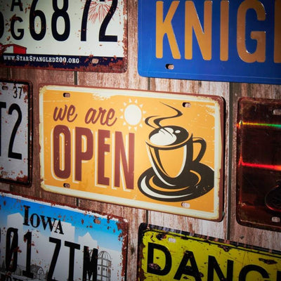 We Are Open Coffee Number Plates Wall Sign | 12 x 6 inches