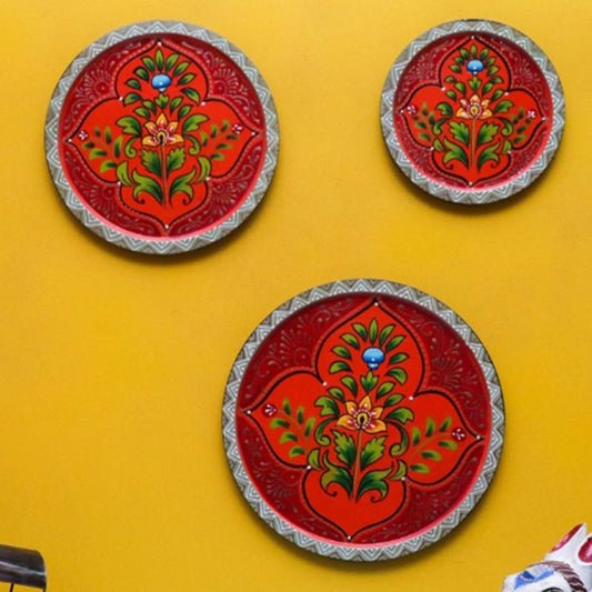 Rangoli Flower Painted Red Wall Decorative Plates | Set of 3 Default Title