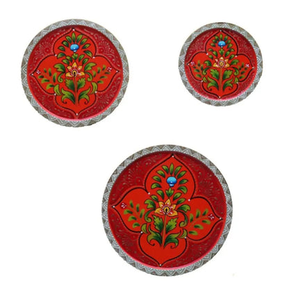 Rangoli Flower Painted Red Wall Decorative Plates | Set of 3 Default Title