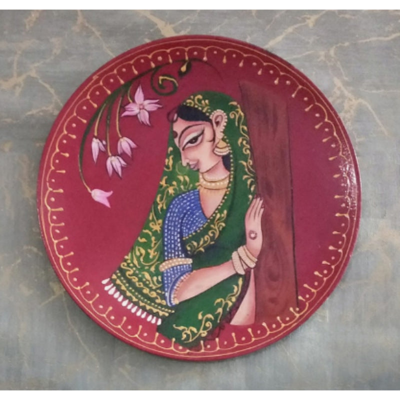 Printed Rajasthani Women  Wooden Handpainted Wall Plate Décor |12 Inch Default Title