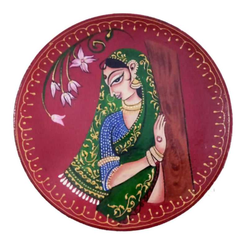 Printed Rajasthani Women  Wooden Handpainted Wall Plate Décor |12 Inch Default Title