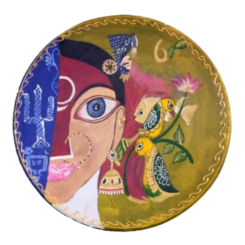 Lady with Bird Printed Wooden Handpainted Wall Plate Décor |12 Inch Default Title