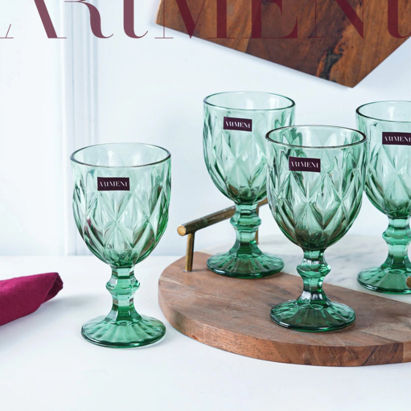 Green Checked Chalice Wine Goblets | Set of 4, 8 | 350ml Set of 4