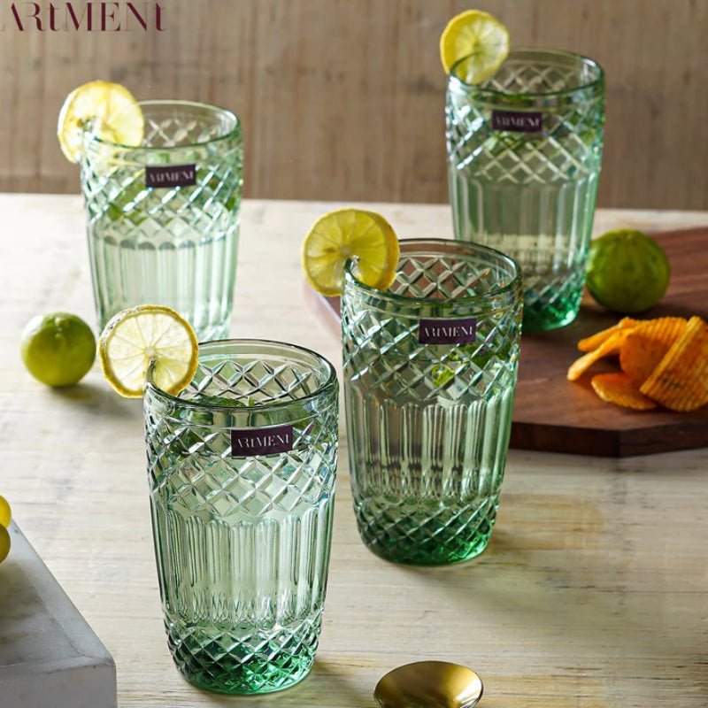Green Boho Diamond Tumbler Glasses | Set of 4, 8 | 310ml Set of 8