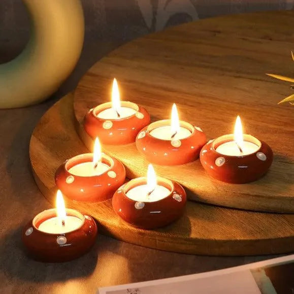 The Decor Lane Candles dusaan Doosan dushan Dusan Dosan home & living Maroon Ceramic Diya Box  Set of 6   colours