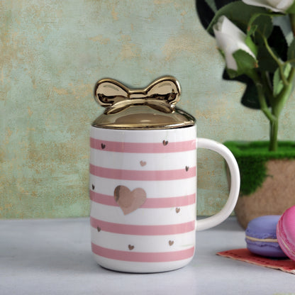 Sweetheart Striped Mug with Bow Lid | 350 ml | Multiple Colors