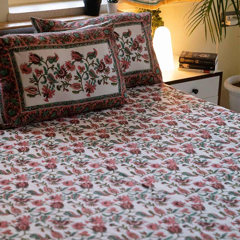 Sangam Handblock Printed Cotton Bedsheet Set | Double Size | 90 x 180 Inches