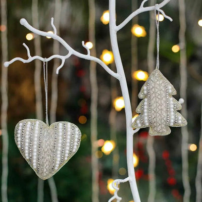 Silver Heart and Tree Christmas Ornament Hanging | Set of 2