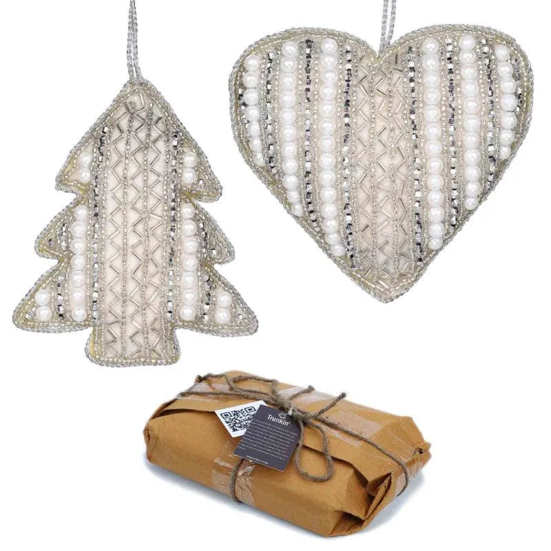 Silver Heart and Tree Christmas Ornament Hanging | Set of 2