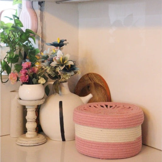 Light Pink Cotton Storage Basket With Lid