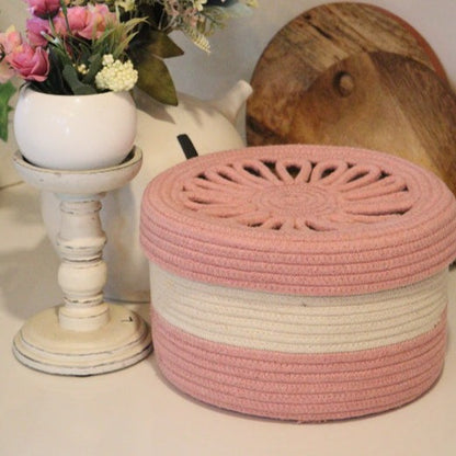 Light Pink Cotton Storage Basket With Lid