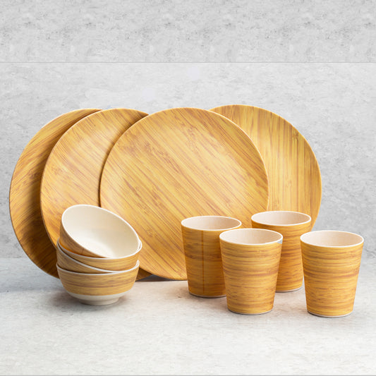 Bamboo Fibre Dinner Sets  | Set of 12 | Leaf Design, Wooden Design, Stonewash, Cement