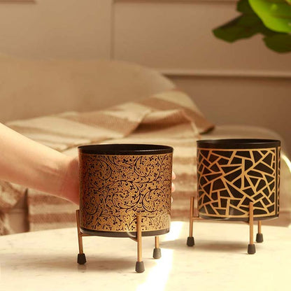 The Bergen | Set of 2 Metal Plant Pot with Stand in Black & Gold