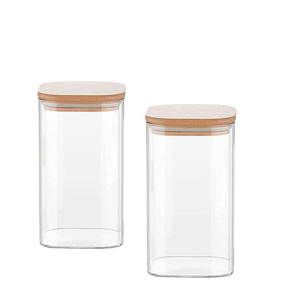 Glass Bamboo Lid Air Tight Jar | Set of 2 | 1 Ltr
