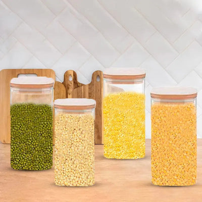 Glass Bamboo Lid Air Tight Jar | 1L | Set of 4