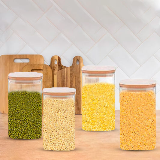 Glass Bamboo Jar with Air Tight Lid | 700 ml | Set of 4