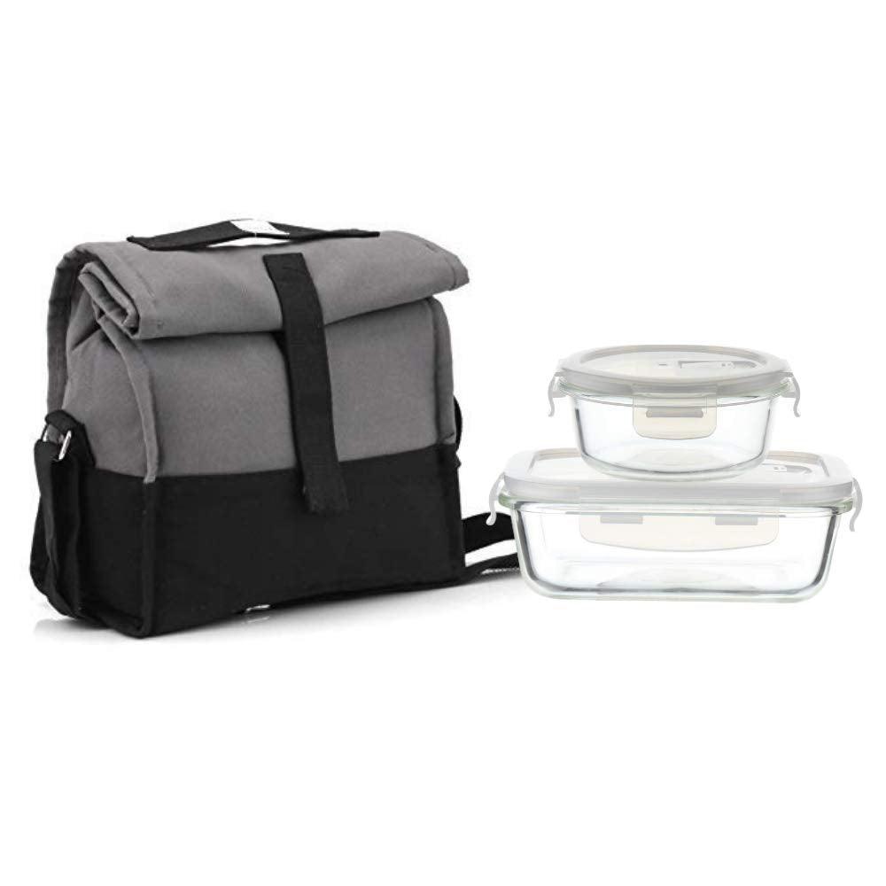 Femora Lunch Boxes dusaan Doosan dushan Dusan Dosan home & living Grey Black Glass Container Lunch Box  Set of 2 (Rectangle + Round)