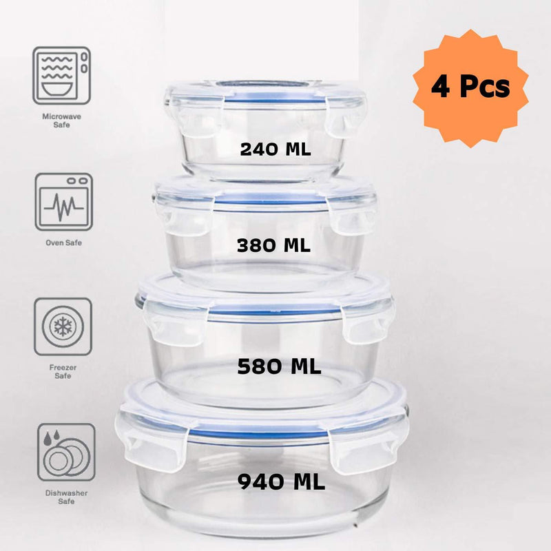 Borosilicate Glass Round Food Storage Container with Air Vent Lid | Mixed Size Combo | Set of 4
