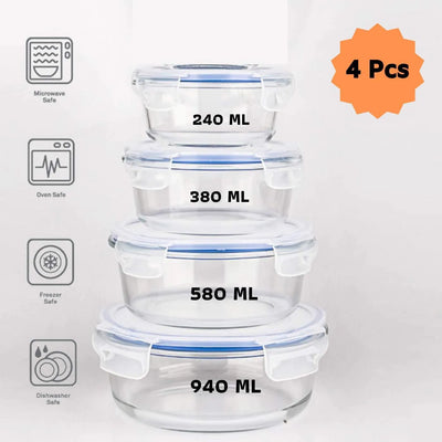 Borosilicate Glass Round Food Storage Container with Air Vent Lid | Pack of 4