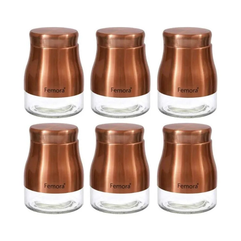 Rose Gold Copper Metallic Clear Glass Kitchen Storage Jars | Set of 6 | Mixed Size Combo 900 ml