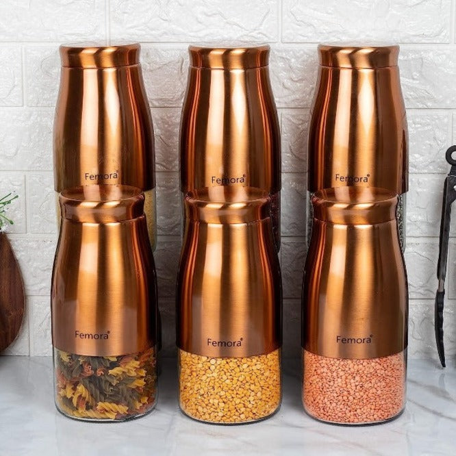 Rose Gold Copper Metallic Clear Glass Kitchen Storage Jars | Set of 6 | Mixed Size Combo 1300 ml