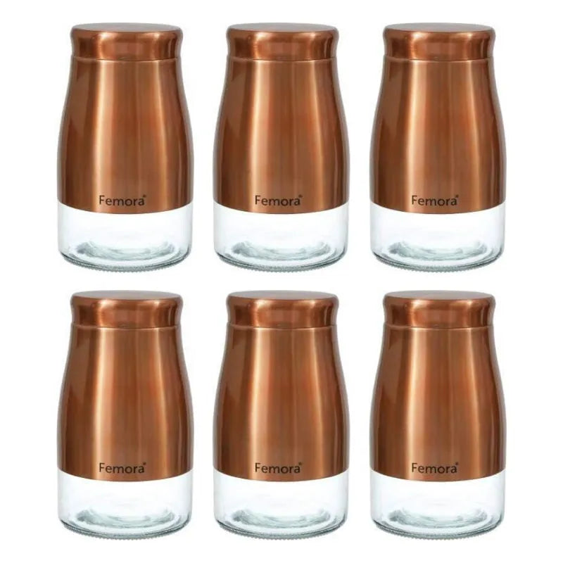 Rose Gold Copper Metallic Clear Glass Kitchen Storage Jars | Set of 6 | Mixed Size Combo 1750 ml