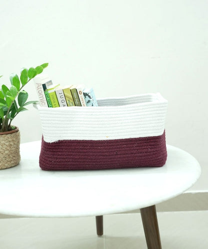 Maroon & White Rectangular Storage Cotton Basket | 15 x 10 Inches