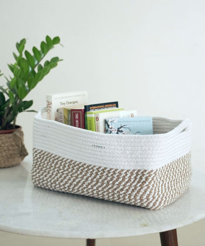 White & Beige Rectangular Storage Cotton Basket | 15 x 10 Inches