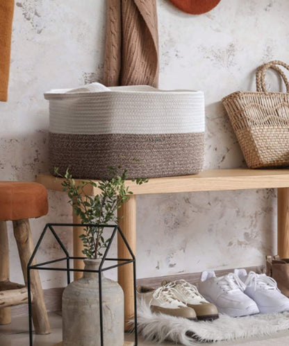 White & Beige Rectangular Storage Cotton Basket | 15 x 10 Inches