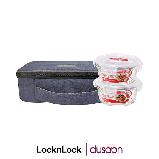 Airtight Glass Food Containers Flat Lunch Box with Bag |  Set of 2 Blue Bag