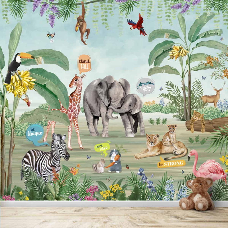 Holden Jungle Friends Childrens Animal Wallpaper Lion Monkey Kids Cartoon  12542 - Teal | I Want Wallpaper