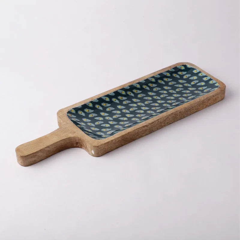 Wooden Paddle Shaped Platter |Teal Peacock Feather Default Title