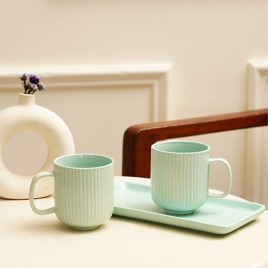 Stripped 2 Mugs & Tray set | Multiple Colors Green