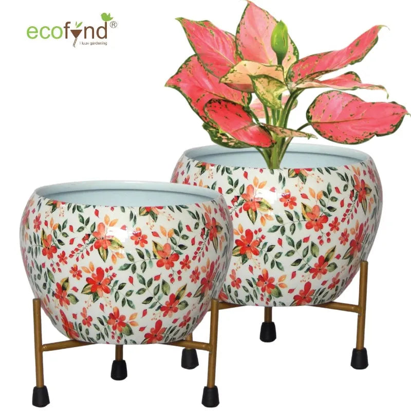 Lio White Floral Metal Pot with Stand - Dusaan