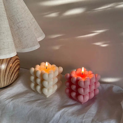 Pink heart cube candle | 6.5 x 6.5 x 6.4 cm / 2.54 x 2.54 x 2.5 inches