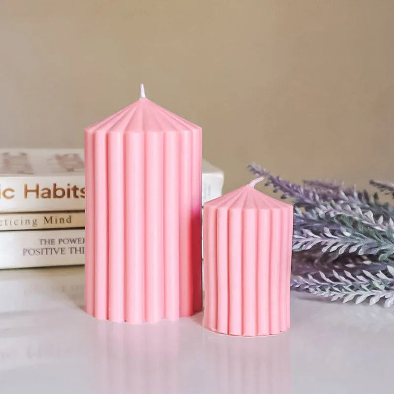 Pointed Ribbed Pillar Candle | Set of 2 | Multiple Colors Pink