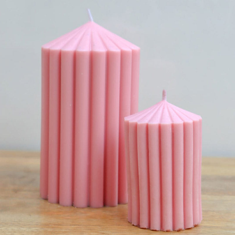 Pointed Ribbed Pillar Candle | Set of 2 | Multiple Colors Pink