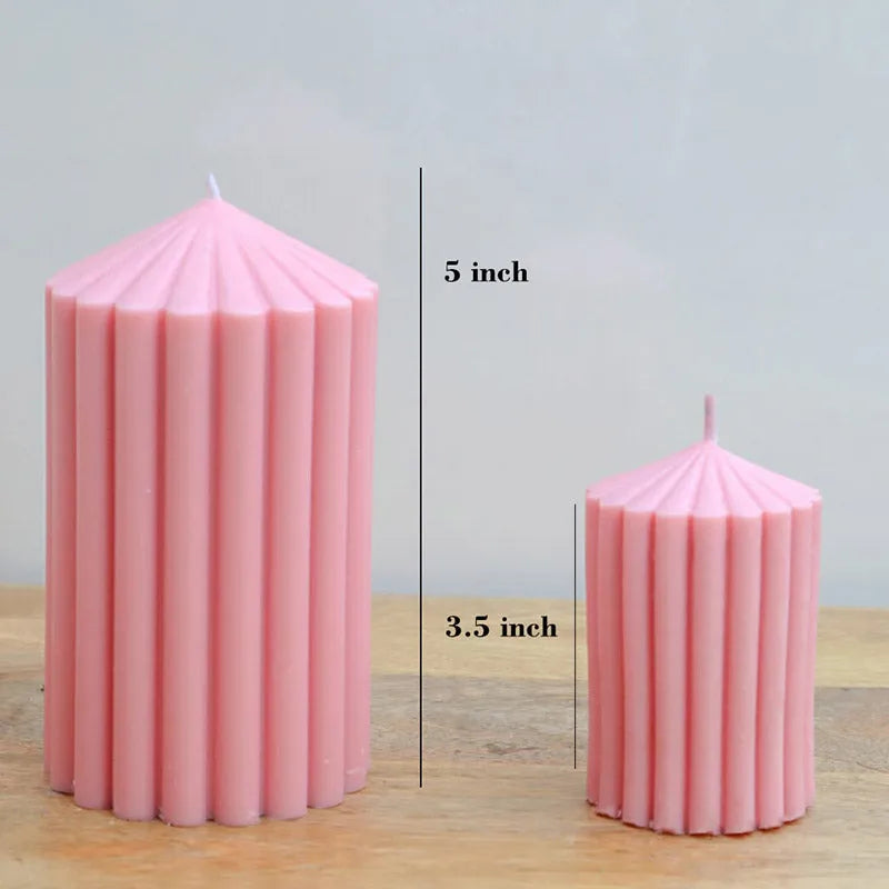 Pointed Ribbed Pillar Candle | Set of 2 | Multiple Colors Pink