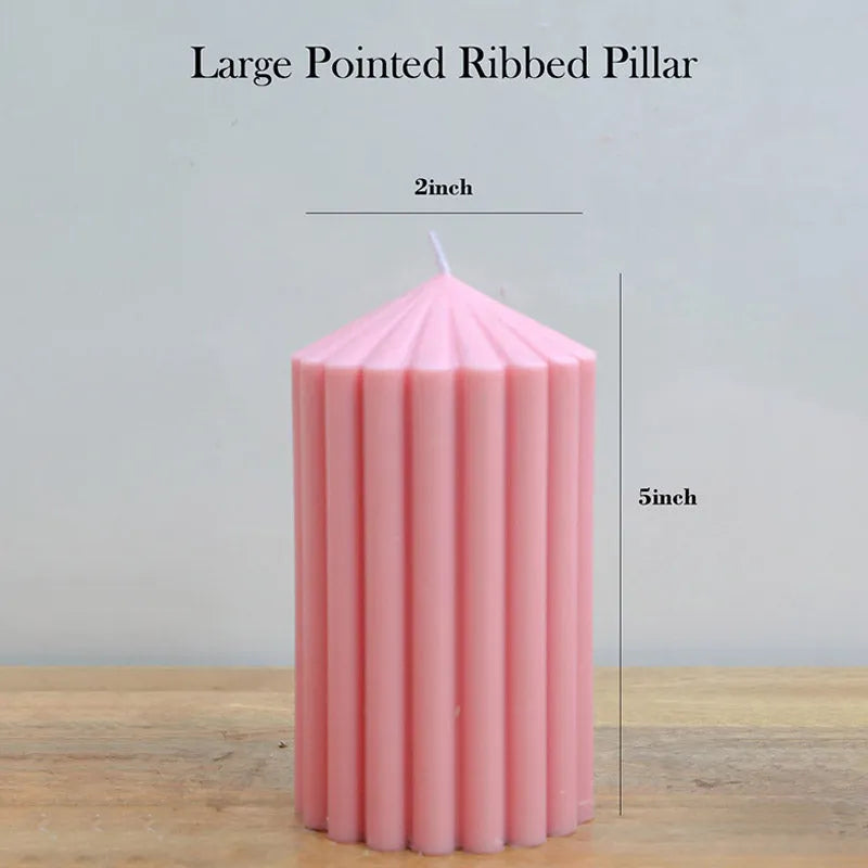 Pointed Ribbed Pillar Candle | Set of 2 | Multiple Colors Pink