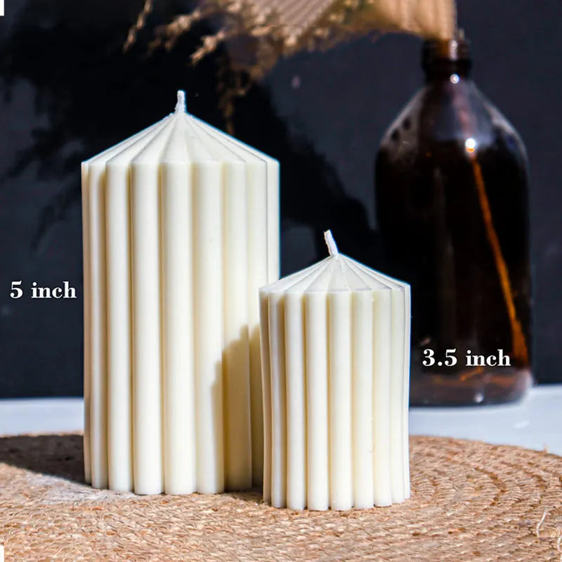 Pointed Ribbed Pillar Candle | Set of 2 | Multiple Colors White