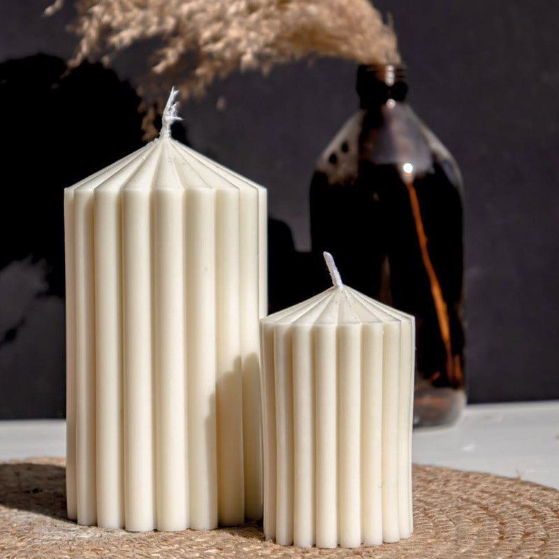 Pointed Ribbed Pillar Candle | Set of 2 | Multiple Colors White