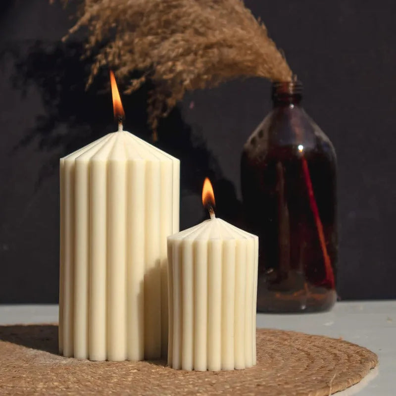 Pointed Ribbed Pillar Candle | Set of 2 | Multiple Colors White