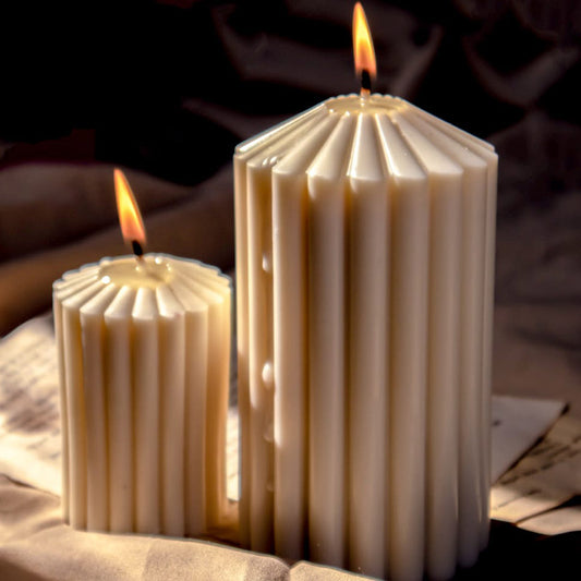 Pointed Ribbed Pillar Candle | Set of 2 | Multiple Colors White
