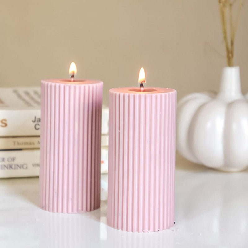 Ribbed Pillar Candle | Set of 2 | Multiple Colors Pink