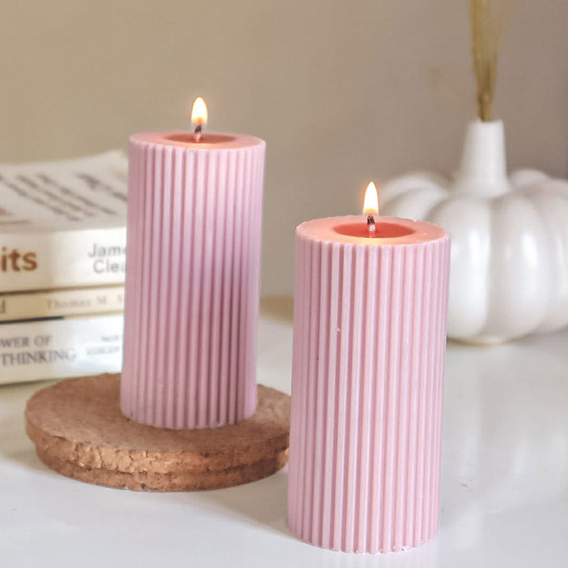 Ribbed Pillar Candle | Set of 2 | Multiple Colors Pink