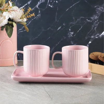 Combed Mug Set with Tray | Set of 2 | Multiple Colors Pink