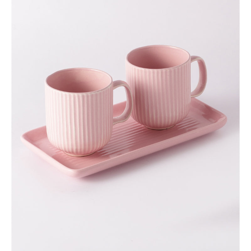 Combed Mug Set with Tray | Set of 2 | Multiple Colors Pink